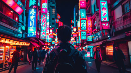 A traveler exploring a vibrant city at night, with neon lights and bustling streetsの素材