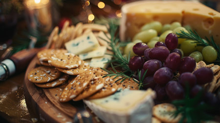Close-up of a cheese board with a variety of cheeses, grapes, and crackersの素材