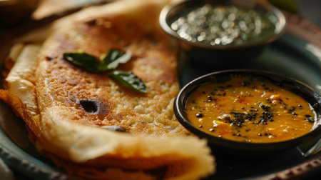 Close-up of a traditional South Indian dosa with sambar and coconut chutneyの素材