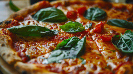 Close-up of a classic Italian pizza with bubbly cheese, tomatoes, and basil leavesの素材