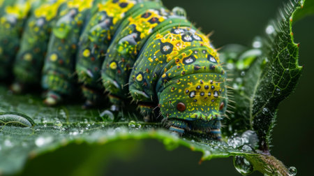 Close-up of a caterpillar munching on a green leaf, showcasing its segmented bodyの素材