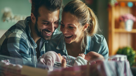 Parents admiring their newborn baby in a hospital bassinet, filled with joyの素材