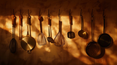 Abstract shadows of kitchen utensils hanging on a wall, with soft ambient lightingの素材