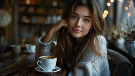 A beautiful woman with an artistic vibe, posing in a cozy with a cup of coffee.の素材