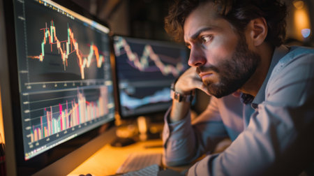 A businessman looking concerned while studying a downward financial graph on his computer.の素材