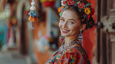 A beautiful woman in a traditional dress, smiling and posing against a cultural backdrop.の素材