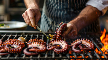 A chef preparing grilled octopus tentacles with olive oil, garlic, and herbs on a barbecue grill.の素材