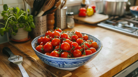 A bowl of cherry tomatoes on a wooden kitchen counter, with cooking utensils nearby.の素材
