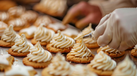 A baker piping swirls of royal icing onto freshly baked sugar cookies in various shapes.の素材
