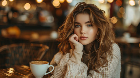 A beautiful woman with an artistic vibe, posing in a cozy with a cup of coffee.の素材