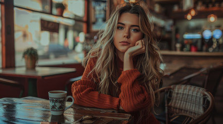A beautiful woman with an artistic vibe, posing in a cozy with a cup of coffee.の素材