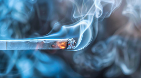 A burning cigarette emitting smoke, with the focus on the swirling tendrils in the air.の素材