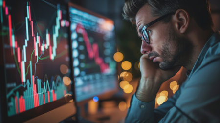 A businessman looking concerned while studying a downward financial graph on his computer.の素材