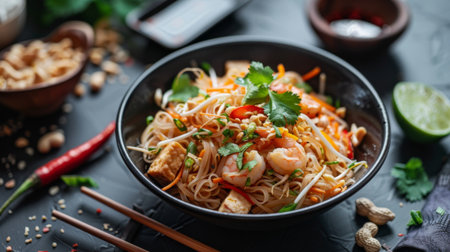 A bowl of pad Thai, a popular Thai stir-fried noodle dish with tofu, shrimp, bean sprouts, and peanuts.の素材