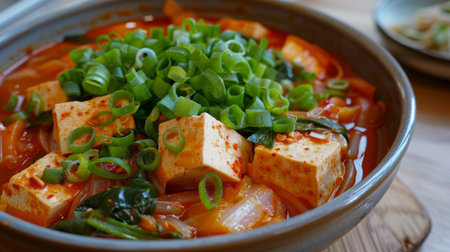 A bowl of spicy Korean kimchi soup with tofu and vegetables, garnished with fresh green onions.の素材