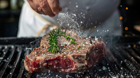 A chef seasoning a thick T-bone steak with coarse salt and black pepper before grilling.の素材