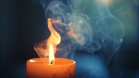 A candle burning with gentle smoke drifting upwards in a calm and serene atmosphere.の素材