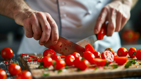 A chef slicing ripe cherry tomatoes on a cutting board, preparing a salad.の素材