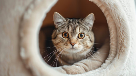 A close-up of a cat peering out from a cozy cat igloo bed.の素材