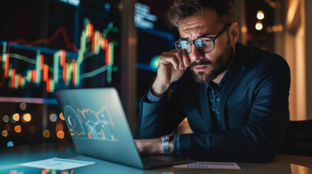 A businessman looking concerned while studying a falling stock market graph on his laptop.の素材