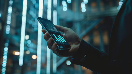 A businessman holding a smartphone displaying a business revenue graph.の素材