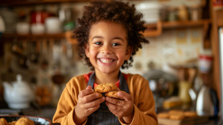 A child holding a freshly baked cookie with a smile, enjoying the delicious treat in a cozy kitchen.の素材
