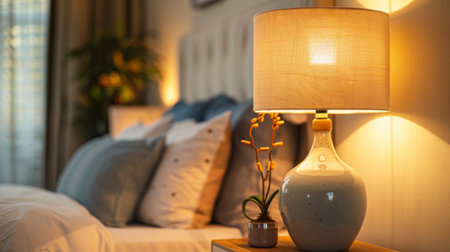 A close-up of a bedside table lamp with a ceramic base and fabric shade, in a cozy bedroom setting.の素材