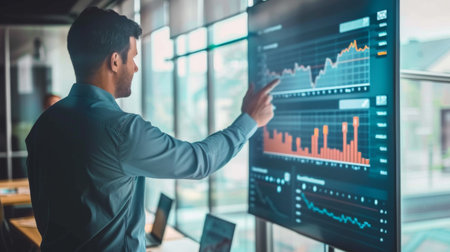 A businessman presenting a financial graph on a large screen to a group of investors.の素材