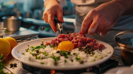 A chef preparing a steak tartare dish with finely chopped raw beef, capers, onions, and egg yolk.の素材