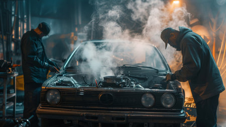 A car engine emitting smoke, with the hood open and mechanics inspecting the problem.の素材
