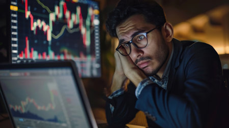 A businessman looking concerned while studying a falling stock market graph on his laptop.の素材