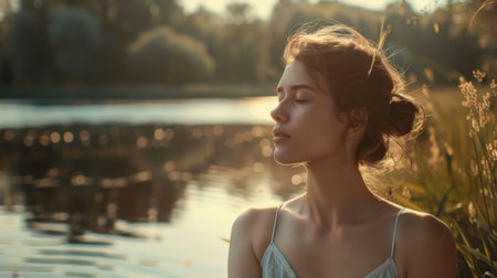 A beautiful woman in a casual summer dress, enjoying a peaceful moment by a lakeside.の素材