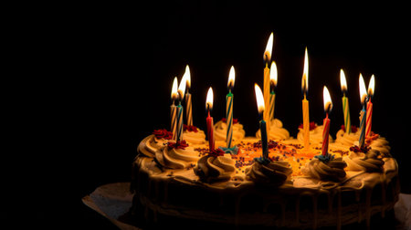 A birthday cake with lit candles, ready to be blown out.の素材
