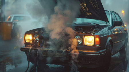 A car engine emitting smoke, with the hood open and mechanics inspecting the problem.の素材