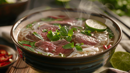 A bowl of steaming hot pho, a Vietnamese noodle soup with tender beef slices, herbs, and fresh lime.の素材