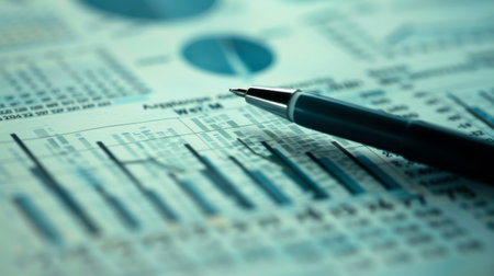 A close-up of a business graph printed on a report with a pen pointing at key data.の素材
