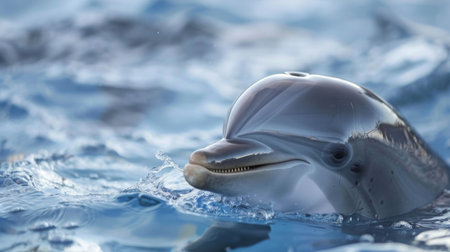 A close-up of a dolphin's smiling face at the water surface, displaying its intelligence and curiosity.の素材