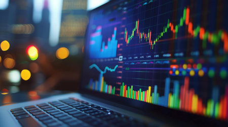 A close-up of a laptop screen showing a colorful business performance graph.の素材