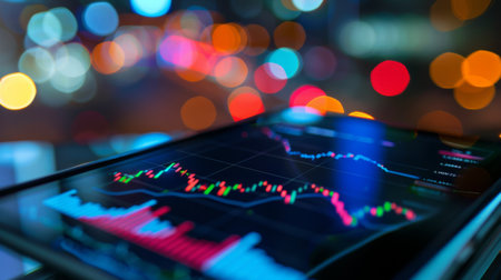 A close-up of a digital stock market graph on a tablet, showing real-time trading data.の素材