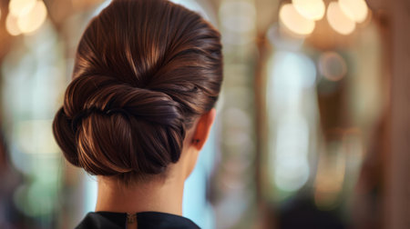 A close-up of a woman hair in a stylish updo, highlighting its smooth and polished look.の素材