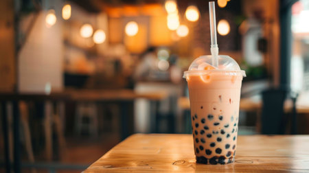 A close-up of a straw piercing the lid of a bubble milk tea cup, ready to sip.の素材