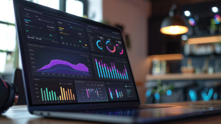A close-up of a laptop screen showing a colorful business performance graph.の素材