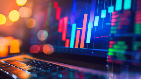 A close-up of a laptop screen showing a colorful business performance graph.の素材