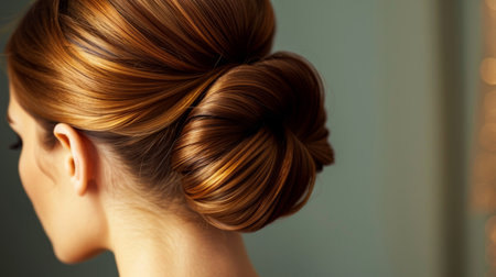 A close-up of a woman hair in a stylish updo, highlighting its smooth and polished look.の素材