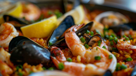 A close-up of a seafood paella with shrimp, mussels, clams, and squid, garnished with lemon wedges.の素材