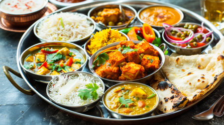 A colorful Indian thali with a variety of curries, rice, bread, and chutneys served on a metal platter.の素材