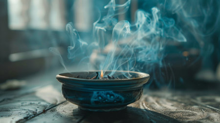 A close-up of incense burning with aromatic smoke wafting in soft light.の素材