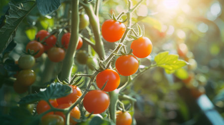 A close-up of cherry tomatoes on a vine, ripening under the sun in a greenhouse.の素材