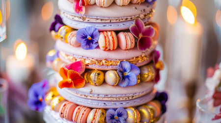 A close-up of a macaron tower with multiple layers, decorated with edible flowers and gold leaf accents.の素材