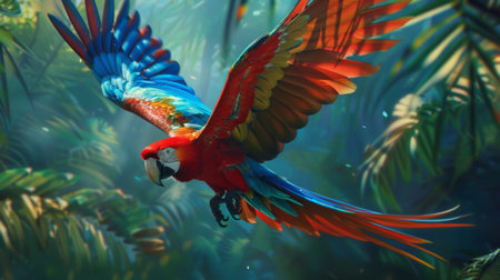 A colorful parrot in mid-flight, with vivid feathers contrasting against a tropical backdrop.の素材